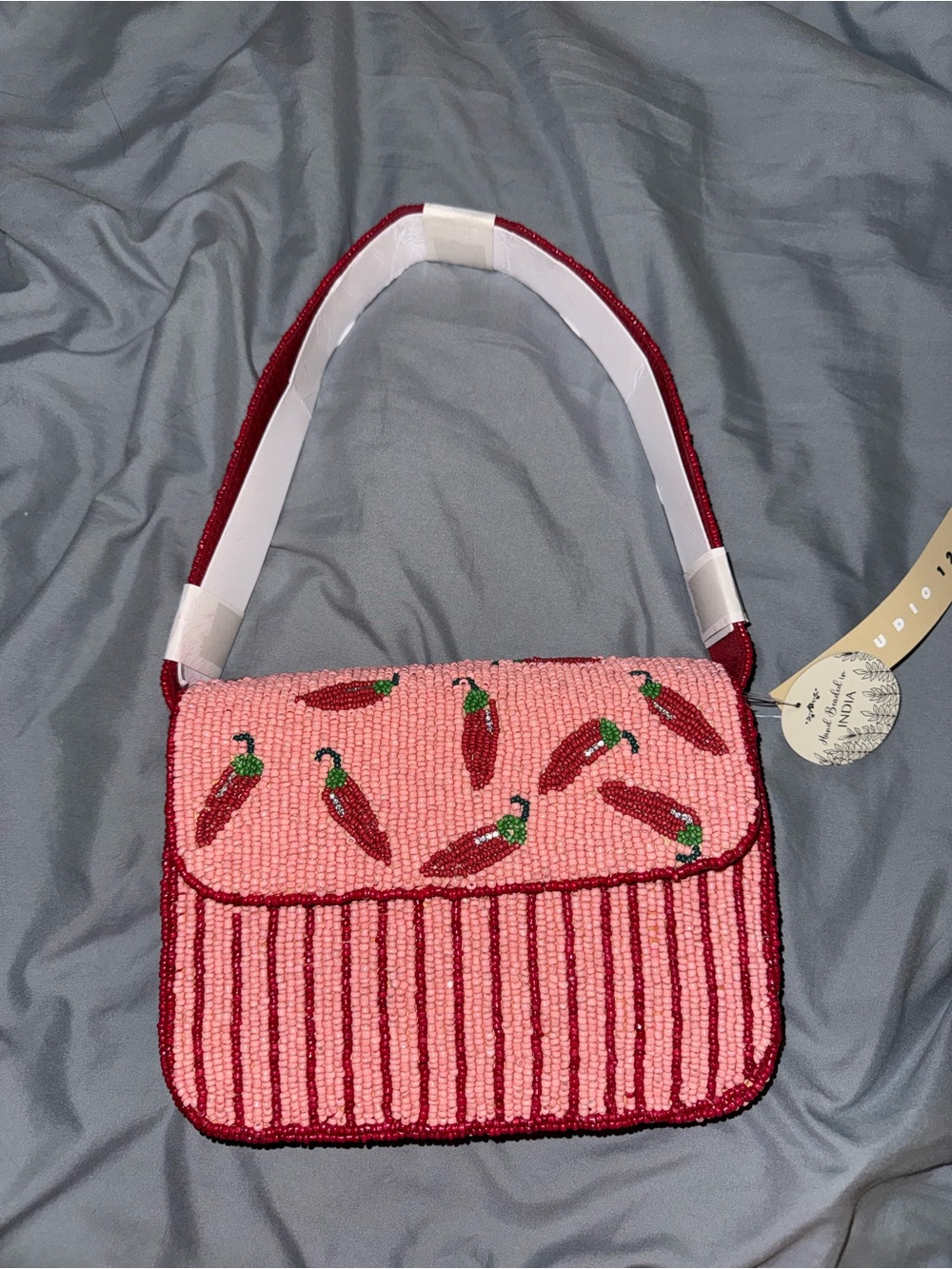 Pink Beaded Chili Pepper Shoulder Bag Handmade in India New with Tags